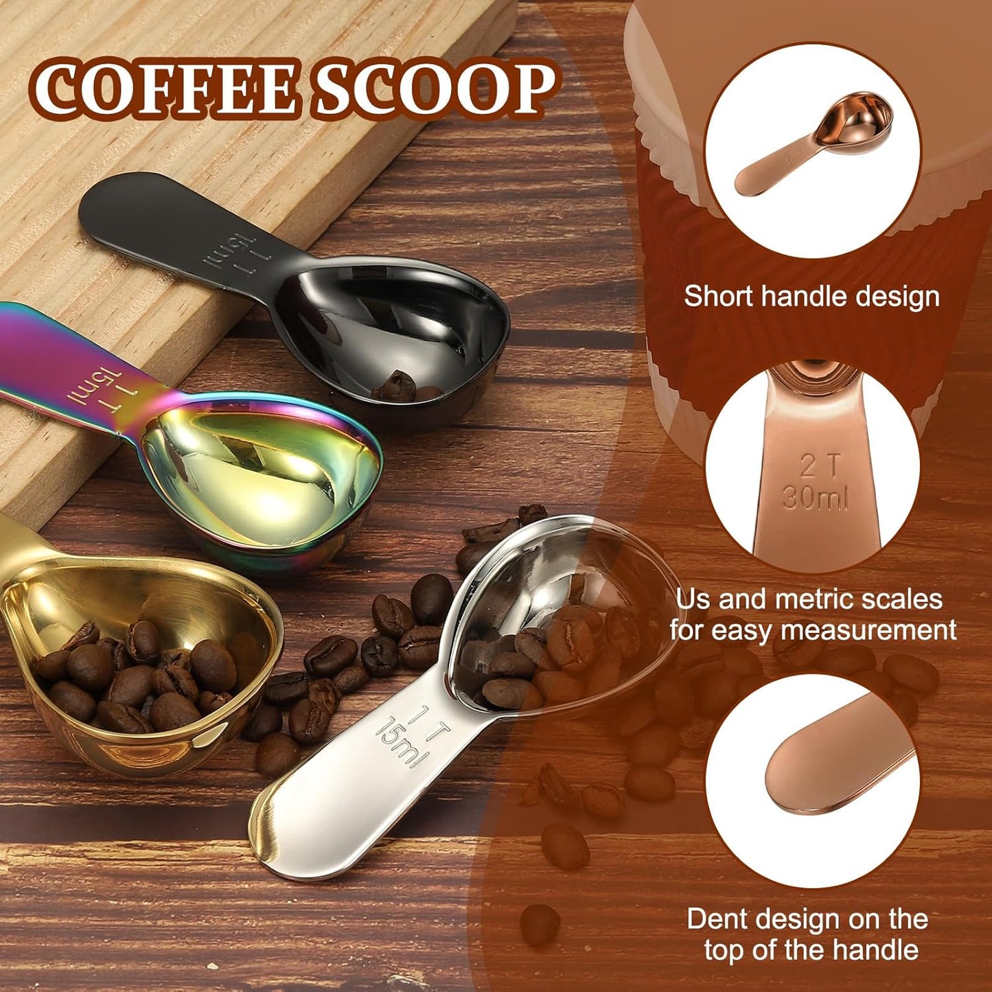uxcell 2Pcs Stainless Steel Coffee Scoop, 30ml Short Handle Measuring Spoon for Ground Coffee Tea Sugar Kitchen Gifts, Rose Gold