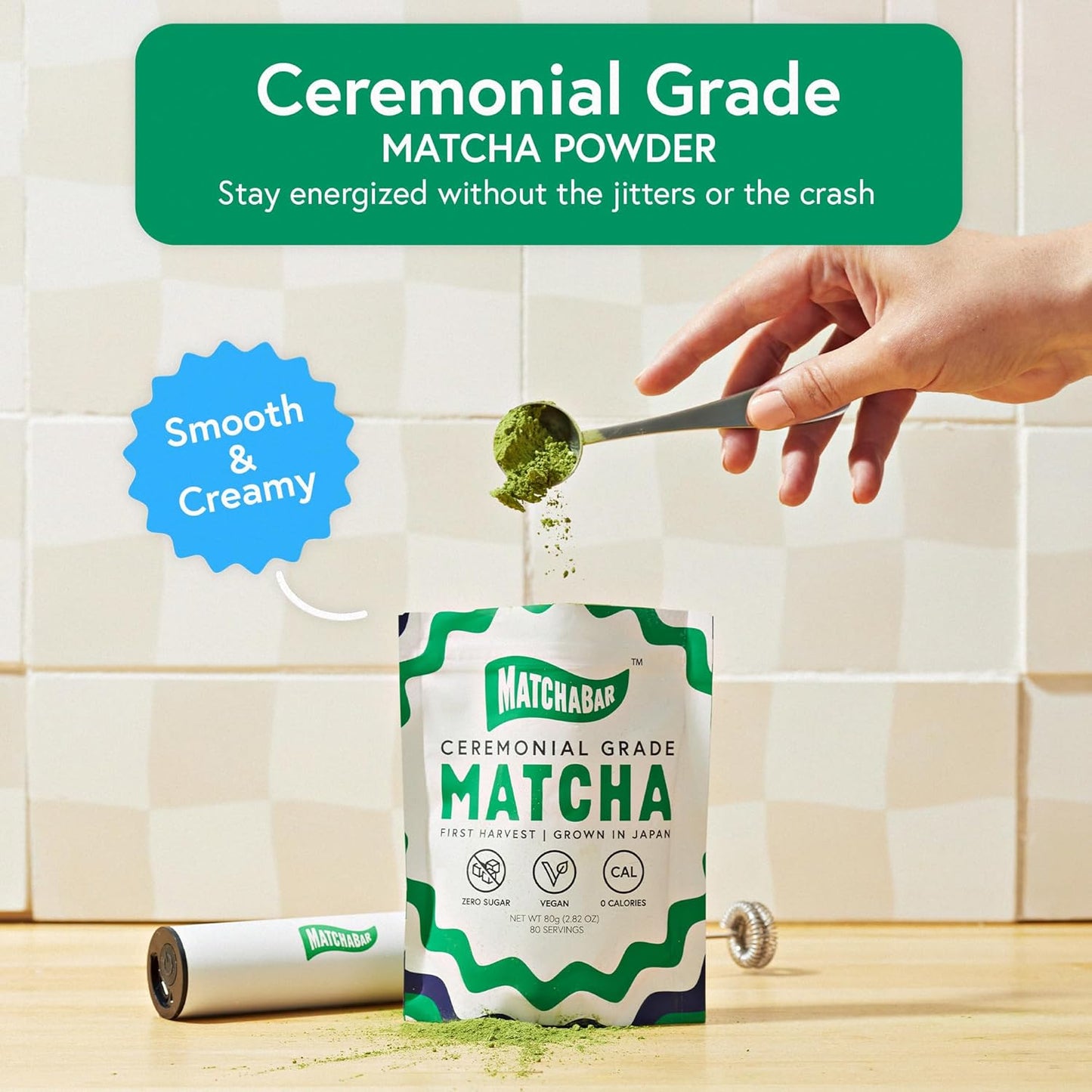 Matchabar Matcha Powder (80g) - Ceremonial Grade Authentic Japanese Matcha Green Tea Powder - Matcha Green Tea Powder Harvested in Japan - Matcha Tea Powder Latte - Zero Sugar, Vegan & 0 Calories