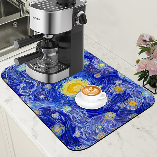 Starry Night Coffee Mat Absorbent Dish Drying Mat for Kitchen Counter Hide Stain Rubber Backed Coffee Bar Accessories Fit Under Espresso Machine Dish Rack, 11.8 x 19.7 Inch