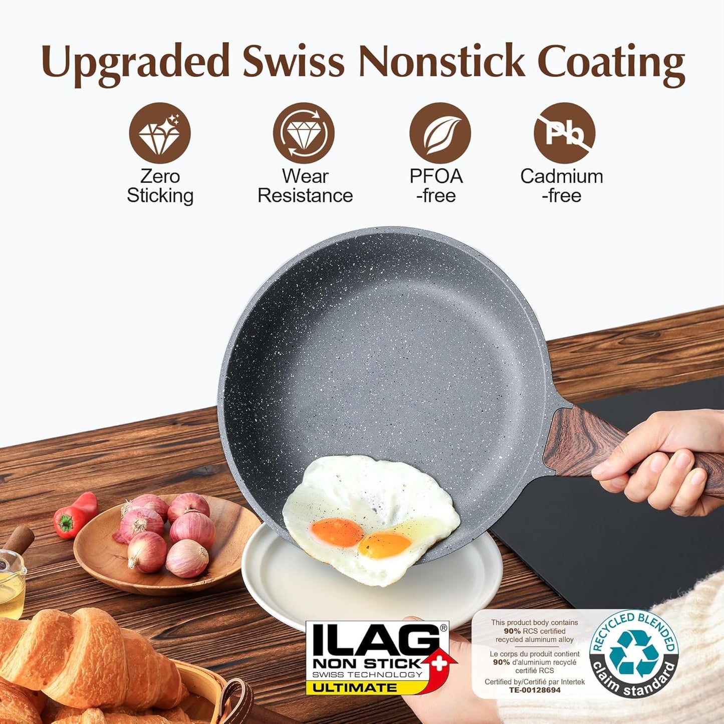 SENSARTE Nonstick Frying Pan Skillet, Swiss Granite Coating Omelette Pan, Healthy Stone Cookware Chef's Pan, PFOA Free (8/9.5/10/11/12.5 Inch) (9.5 Inch)