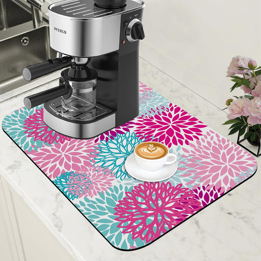 Pink Blue Chrysanthemum Flowers Dish Drying Mat for Kitchen Counter Coffee Bar Mat Hide Stain Absorbent Rubber Backed Drying Rack Pad Espresso Machine Coffee Bar Accessories 11.8 x 19.7 Inch