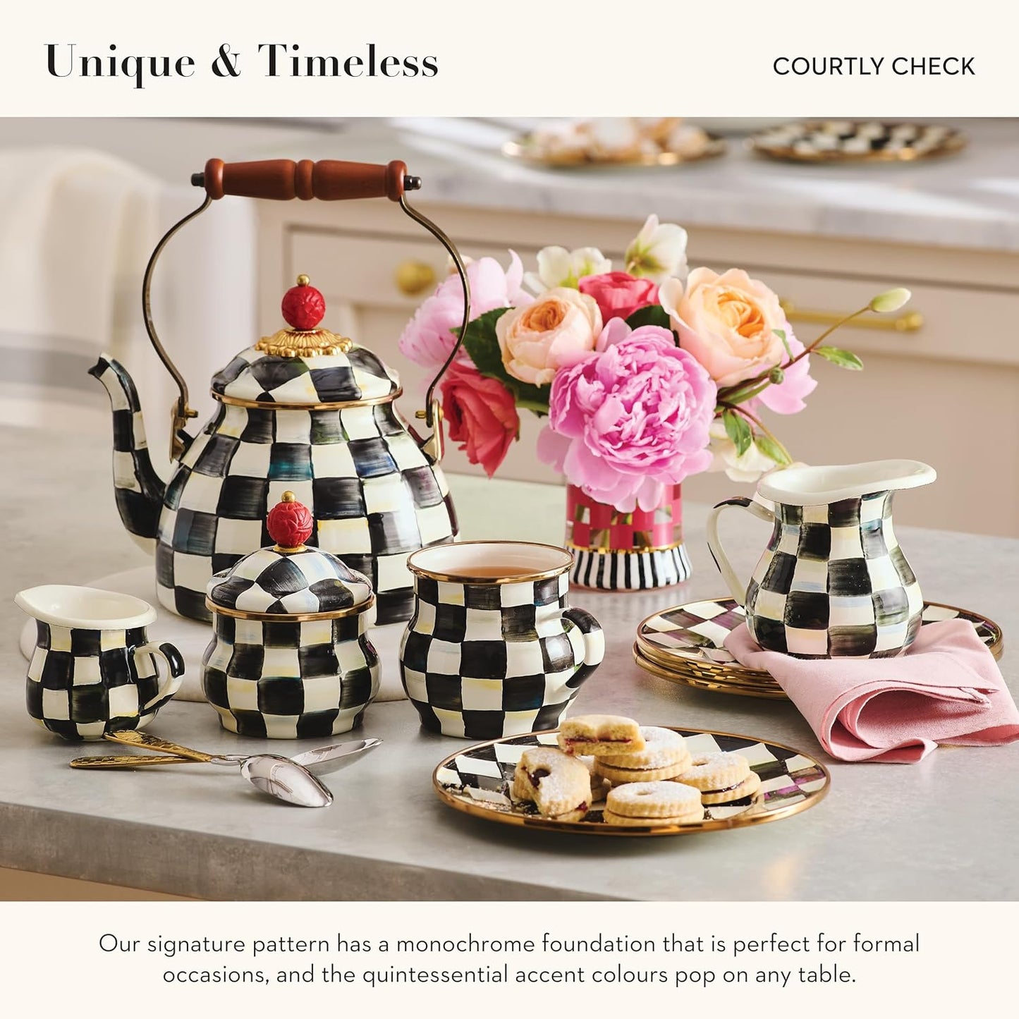 MACKENZIE-CHILDS Enamel Tea Kettle, Stylish Tea Kettle for Stovetop, Black-and-White Courtly Check, 2 Quarts