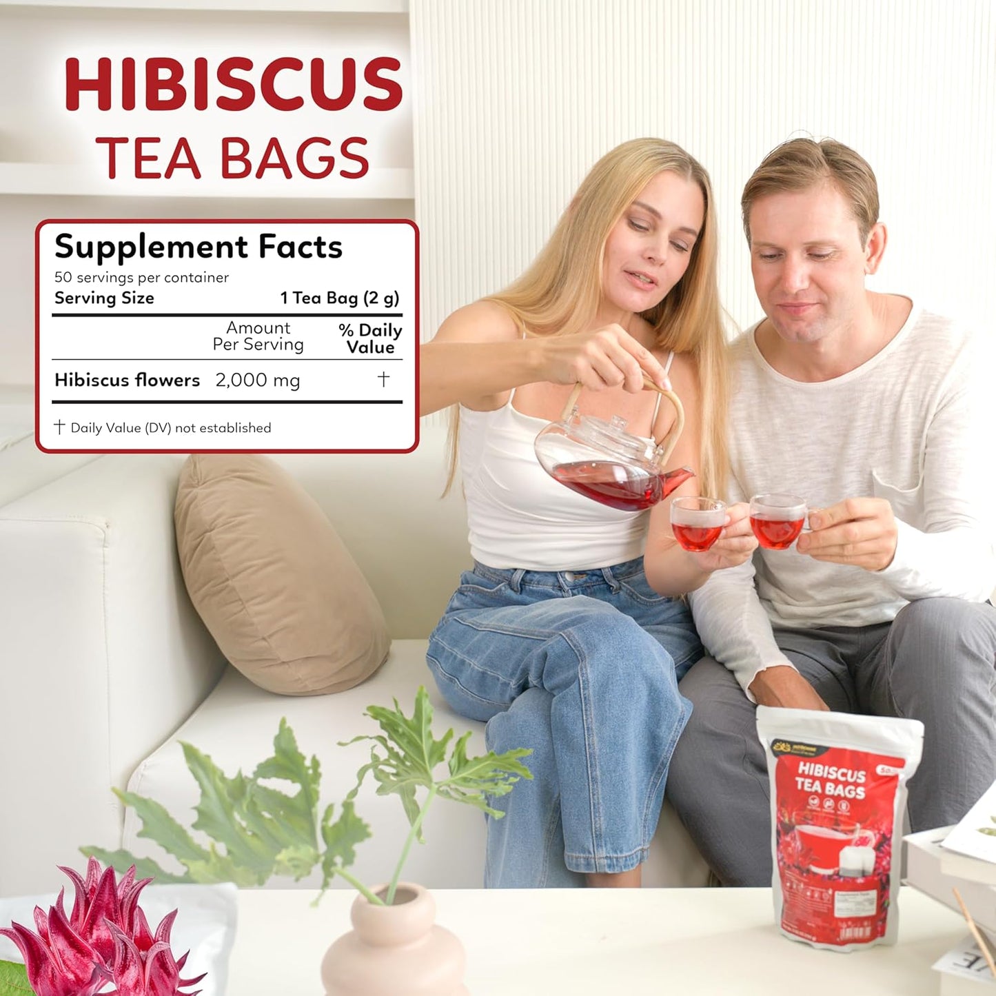 Indochine Blends Hibiscus Tea Bags | 100% Pure Hibiscus Flower | Sugar-Free, Caffeine-Free Herbal Tea | Double Chamber, Individually Wrapped Tea Bags| Rich in Natural Goodness and Flavor | 3.5 oz | 50 Tea Bags