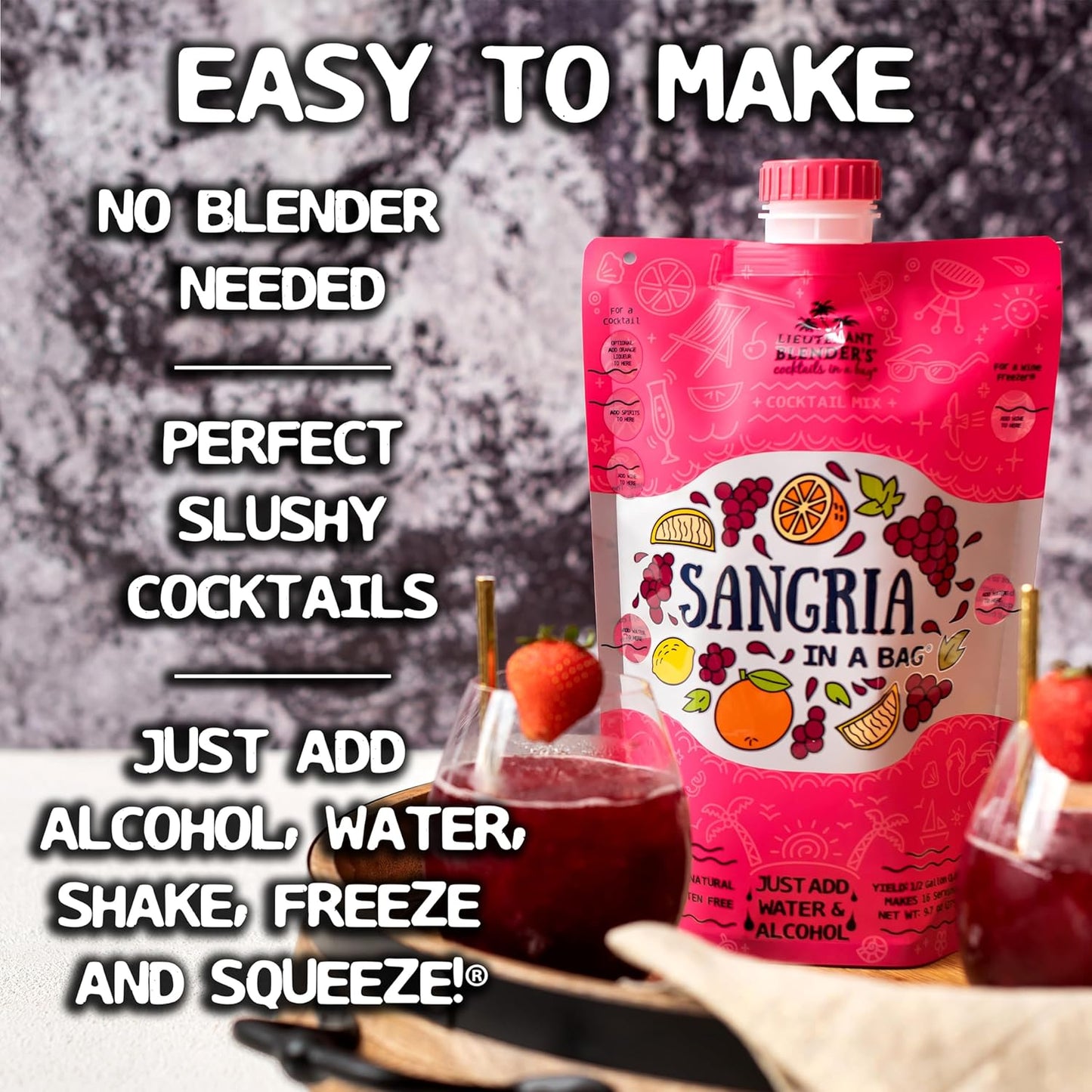 Lt. Blender&#39;s Sangria in a Bag – Wine Slushie Mixes - Each Bag Makes 1/2 Gallon of Frozen Red Sangria Mix – Non-GMO Wine Freezer Mix - Make with Wine, Liquor or as a Mocktail - (Pack of 4)