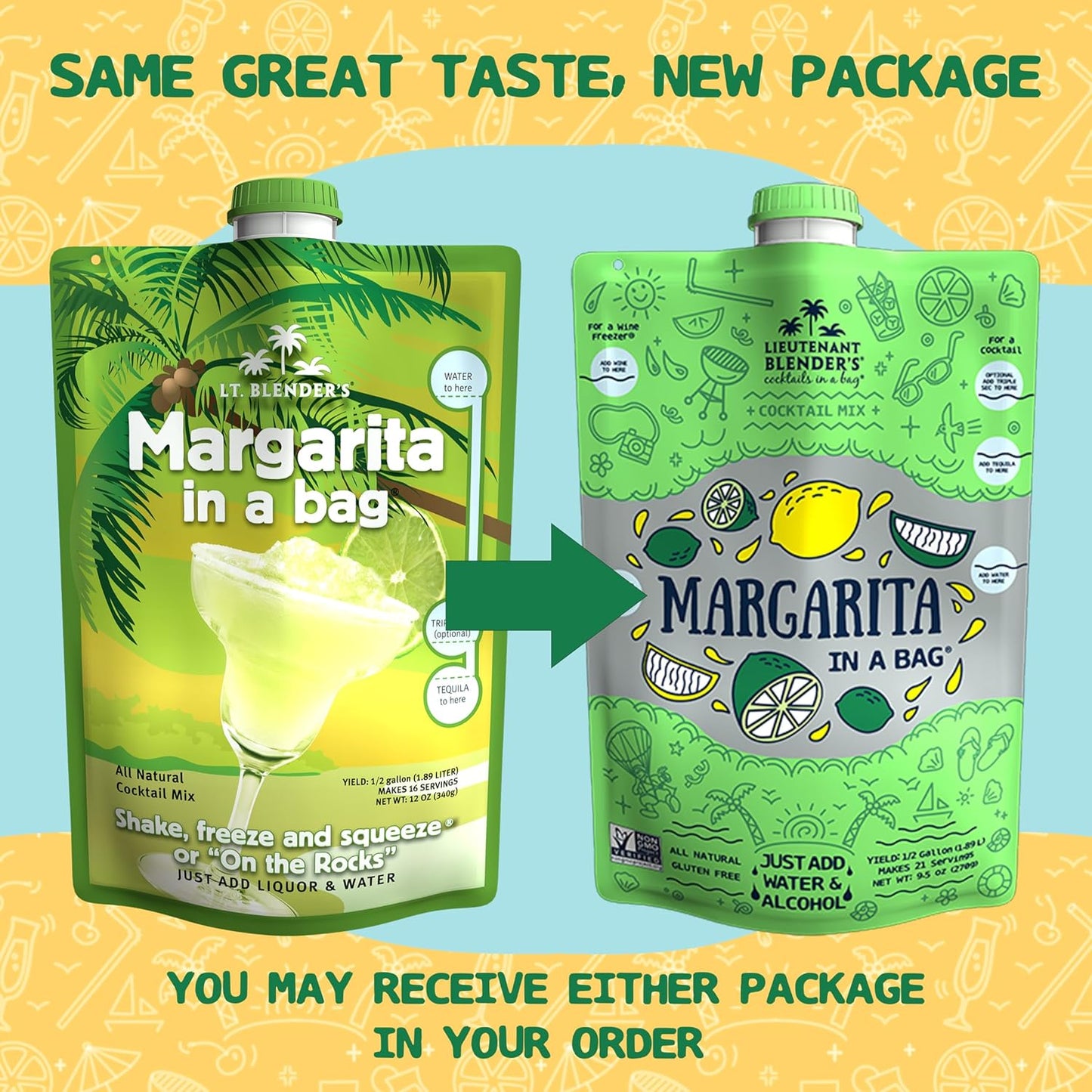 Lt. Blender's Margarita in a Bag - Margarita Mix - Each Bag Makes 1/2 Gallon of Frozen Margaritas – Non-GMO Cocktail Mix - No Blender Needed – Add Liquor, Wine or as a Mocktail (Pack of 4)