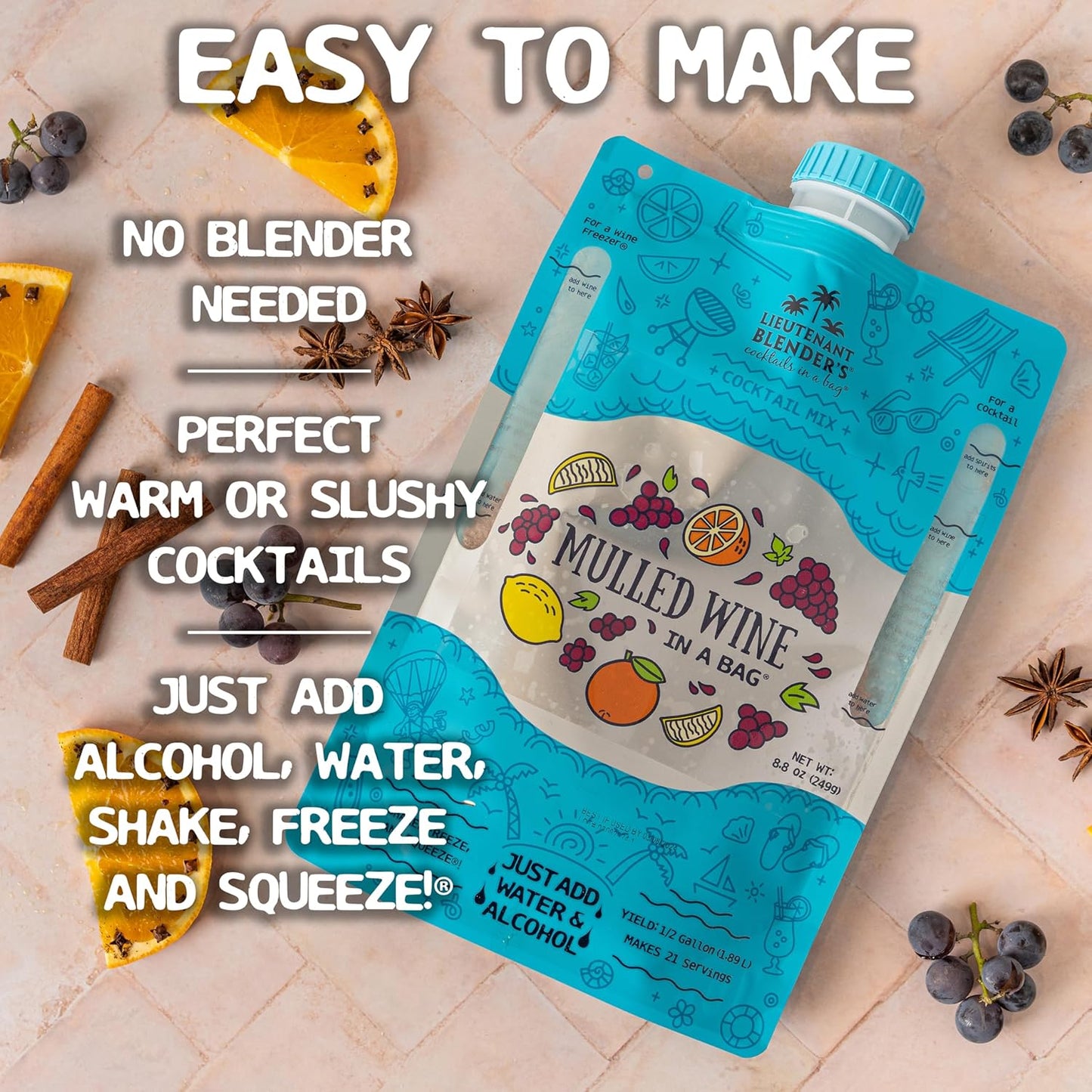 Lt. Blender's Mulled Wine in a Bag - Drink Mix for Festive Holidays, Mulled Wine Spiced Cocktail Mix, Easy to Make, 16 Servings in a Resealable Bag (Pack of 3)