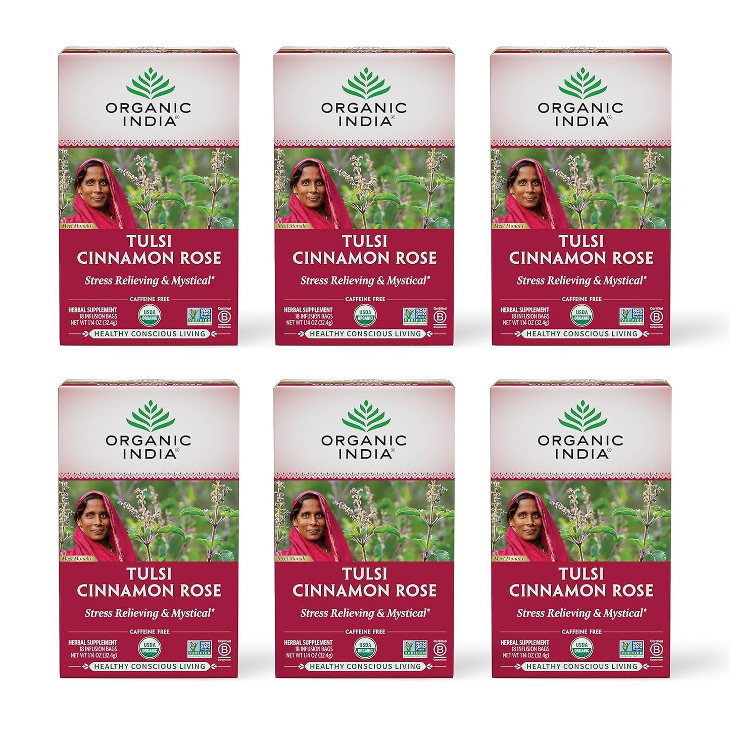 Organic India Tulsi Cinnamon Rose Herbal Tea - Holy Basil, Stress Relieving & Mystical, Immune Support, USDA Certified Organic, Supports Sugar Metabolism, Caffeine-Free - 18 Infusion Bags, 6 Pack