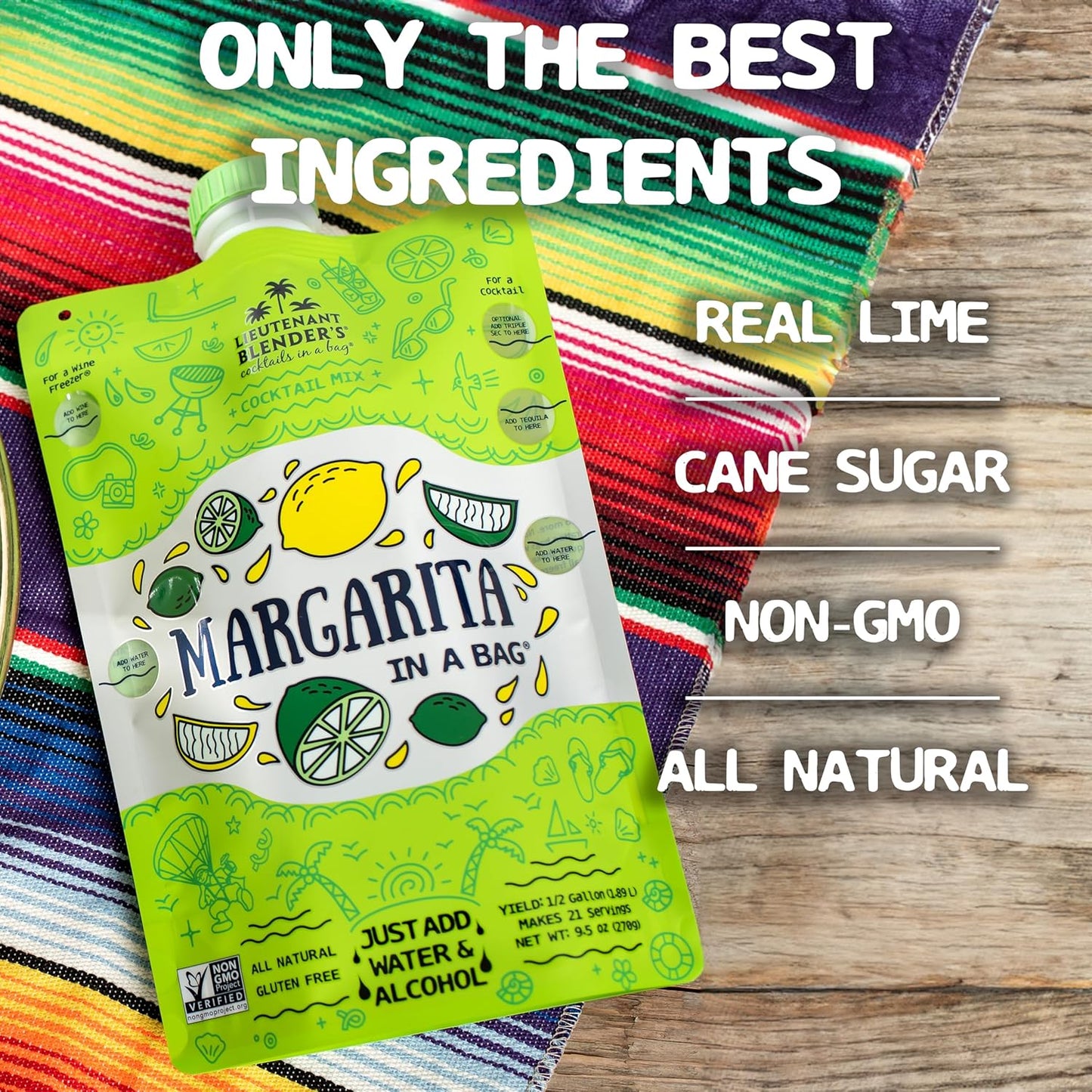 Lt. Blender's Margarita in a Bag - Margarita Mix - Each Bag Makes 1/2 Gallon of Frozen Margaritas – Non-GMO Cocktail Mix - No Blender Needed – Add Liquor, Wine or as a Mocktail (Pack of 5)