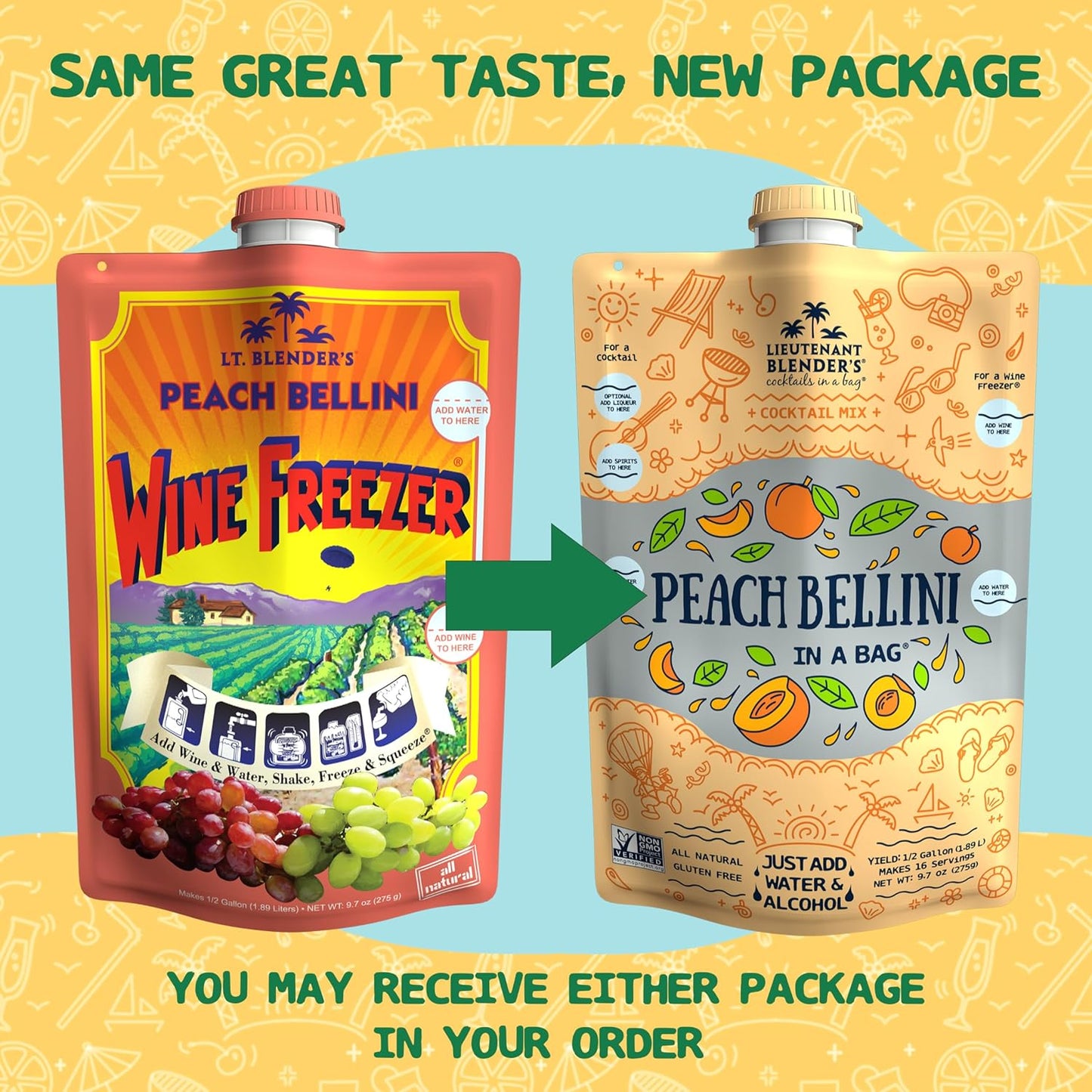 Lt. Blender's Peach Bellini in a Bag - Wine Slushie Mixes - Each Bag Makes 1/2 Gallon of Frozen Peach Bellini Mix – Non-GMO Wine Freezer mix - Make with Wine, Liquor or as a Mocktail - (Pack of 5)