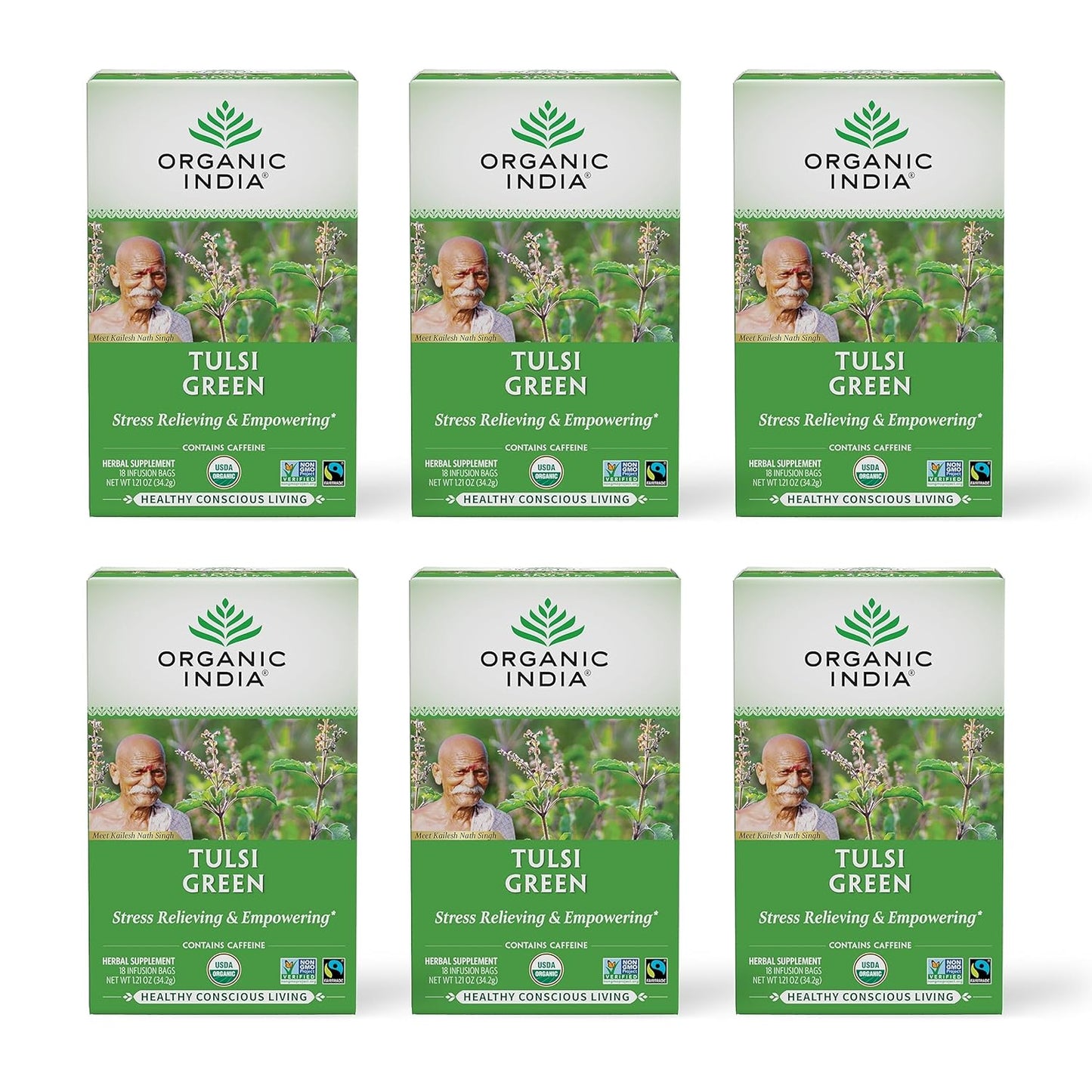 Organic India Tulsi Green Tea Bags - Holy Basil Tea, African Basil, Stress Relieving, Immune Support, USDA Certified Organic, Premium Darjeeling Green Tea, Caffeinated - 18 Infusion Bags, 6 Pack