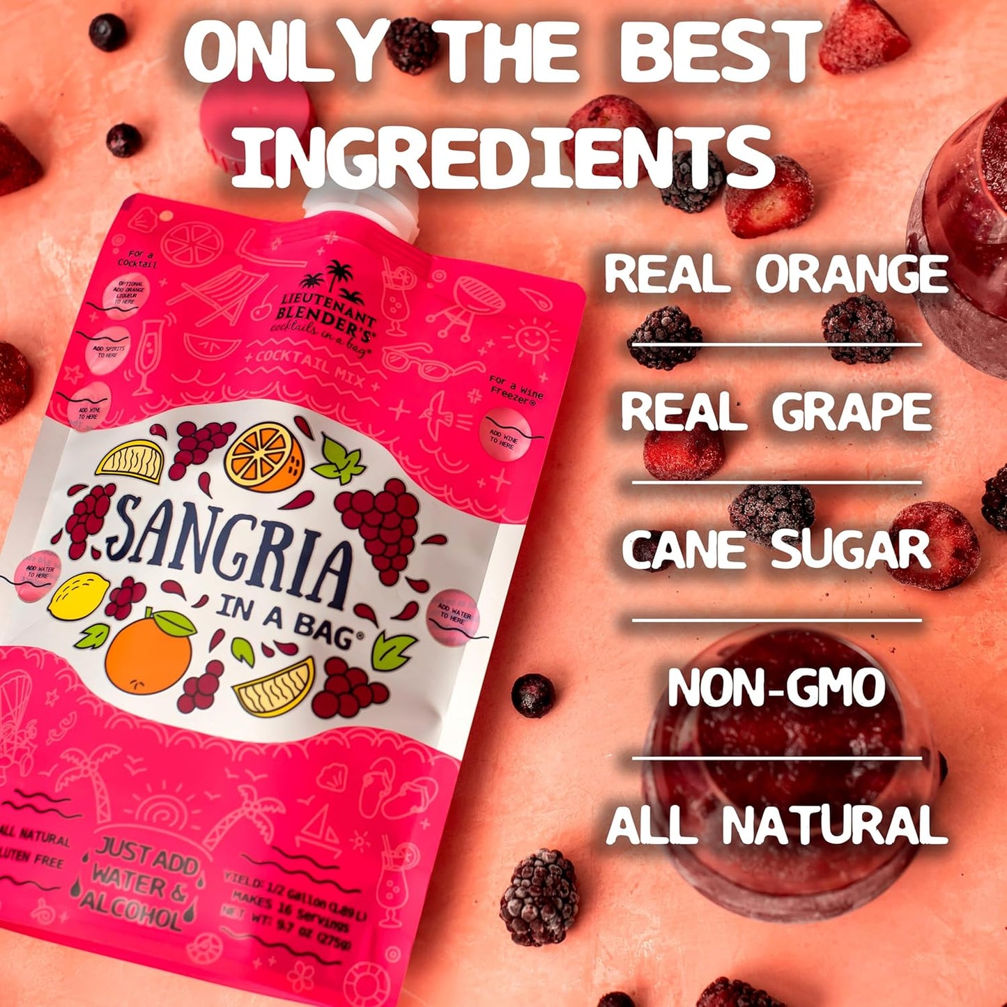 Lt. Blender&#39;s Sangria in a Bag – Wine Slushie Mixes - Each Bag Makes 1/2 Gallon of Frozen Red Sangria Mix – Non-GMO Wine Freezer Mix - Make with Wine, Liquor or as a Mocktail - (Pack of 4)
