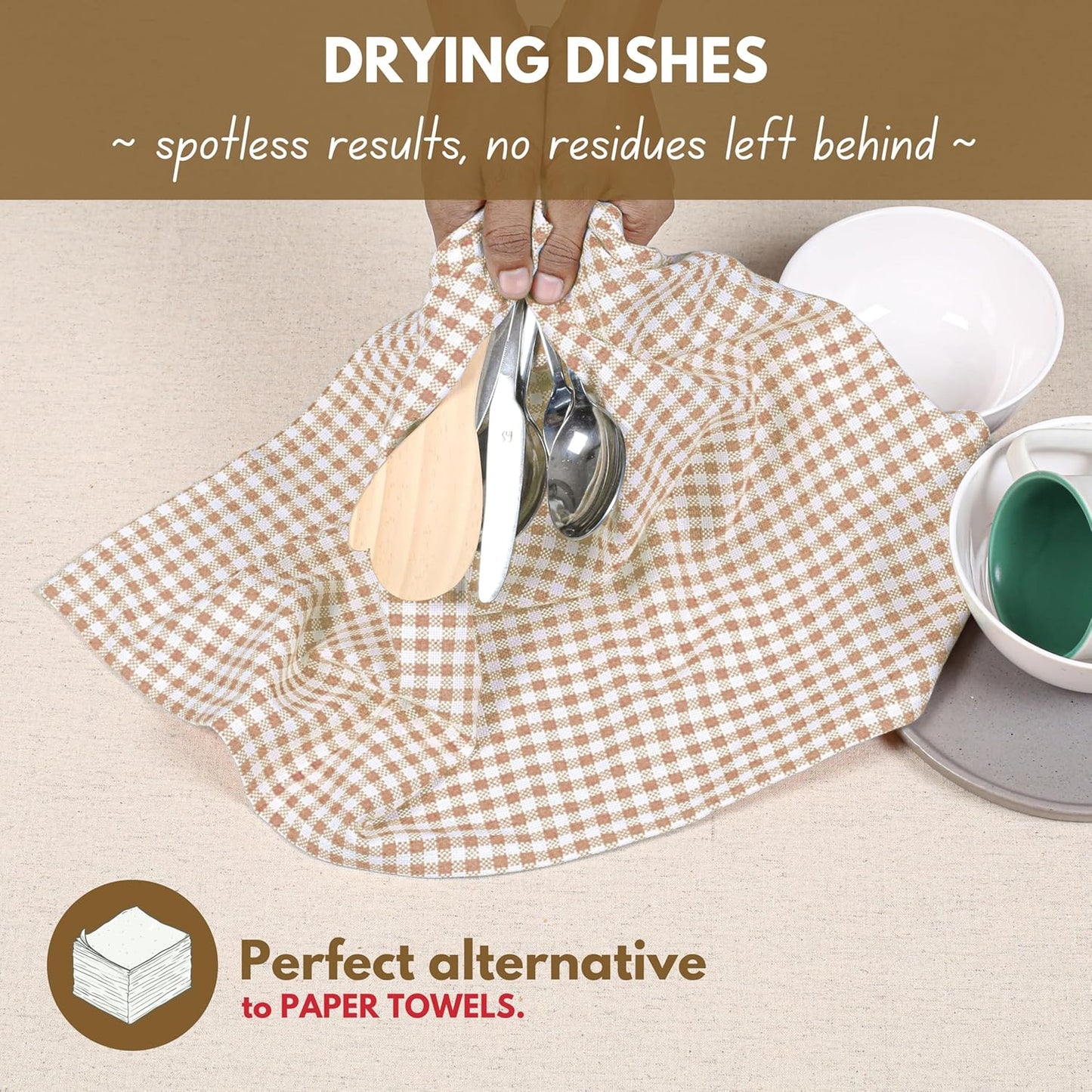 Native Fab 6 Pack Gingham Mini Check Kitchen Hand Towels Set - 100% Cotton Absorbent Reusable Washable 16"x26" - Quick Drying Dish Towels with Hanging Loops for Kitchen, Home, Bar, Beige White