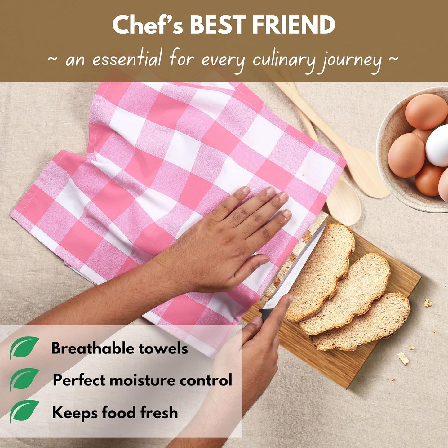 Native Fab Pink Checked Kitchen Towels 16"x26" - 6 Pack Buffalo Plaid Cotton Dish Towels - Absorbent Dishcloth Set, Soft Reusable Towel with Hanging Loop - Pink White