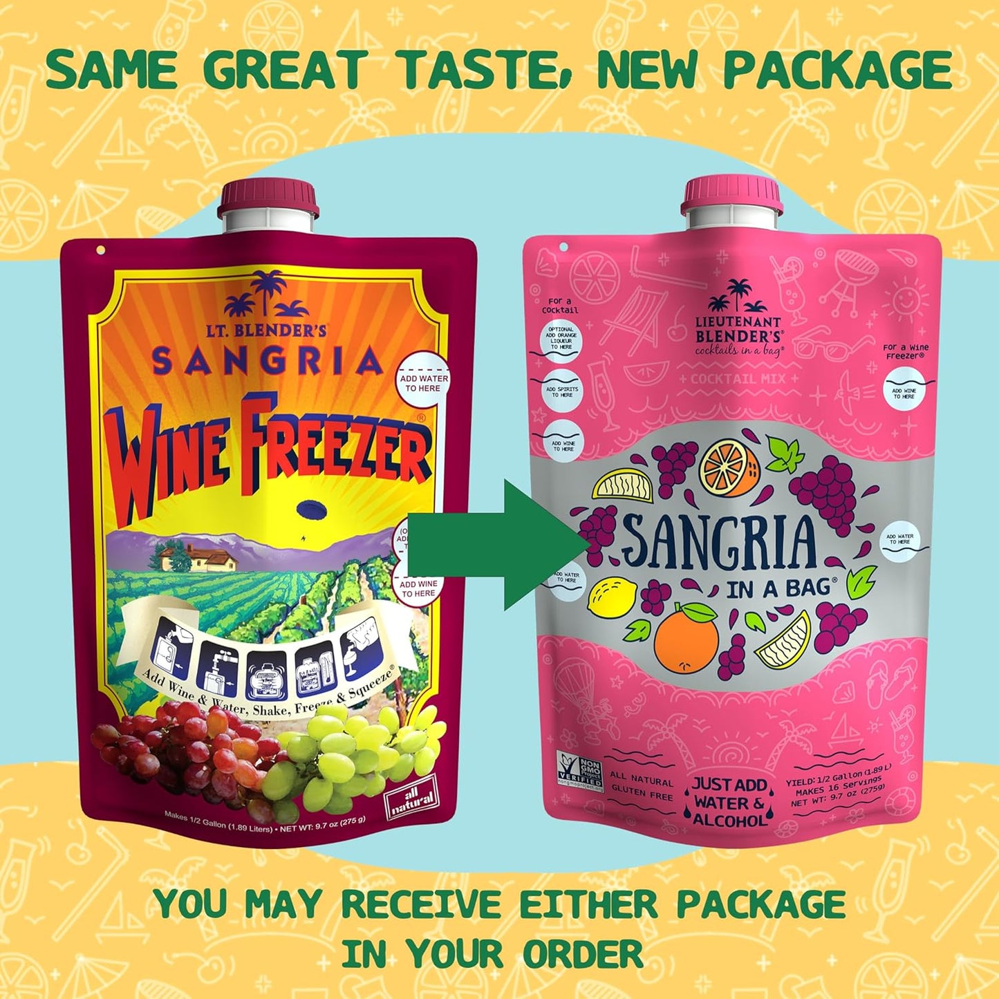 Lt. Blender's Sangria in a Bag – Wine Slushie Mixes - Each Bag Makes 1/2 Gallon of Frozen Red Sangria Mix – Non-GMO Wine Freezer Mix - Make with Wine, Liquor or as a Mocktail - (Pack of 5)